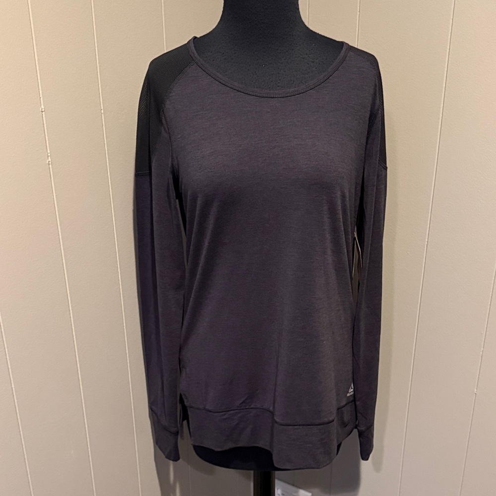 B30 Reebok Women Small Dark Gray Long Sleeve Tee Mesh Shoulders